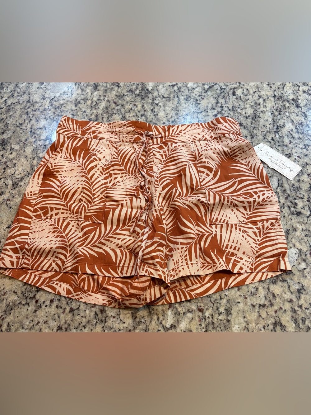French Laundry Rust and Cream Palm-Print Drawstring Shorts